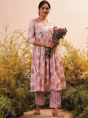 floral printed v-neck three-quarter sleeves empire mirror work  cotton kurta set 1