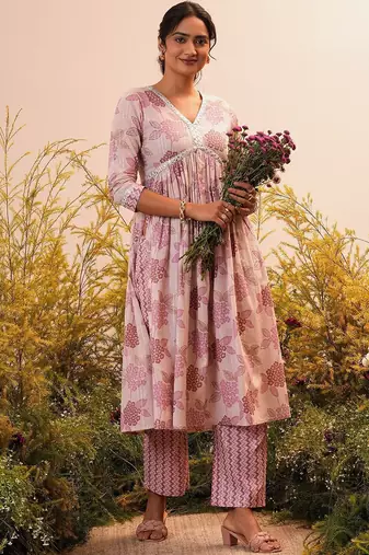 floral printed v-neck three-quarter sleeves empire mirror work  cotton kurta set