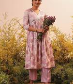 floral printed v-neck three-quarter sleeves empire mirror work  cotton kurta set