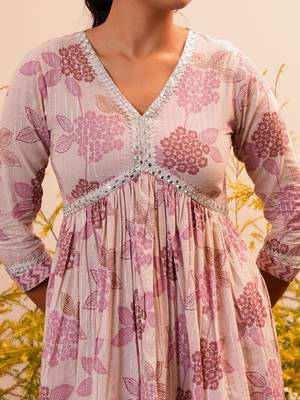 floral printed v-neck three-quarter sleeves empire mirror work  cotton kurta set 2