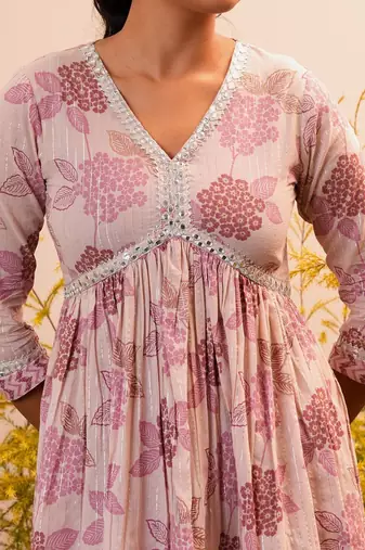 floral printed v-neck three-quarter sleeves empire mirror work  cotton kurta set