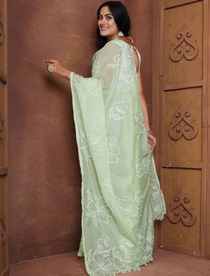 Green floral organza saree 3