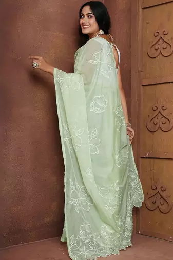 Green floral organza saree