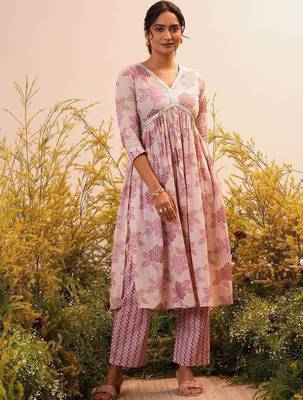 floral printed v-neck three-quarter sleeves empire mirror work  cotton kurta set 3