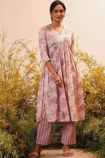 floral printed v-neck three-quarter sleeves empire mirror work  cotton kurta set