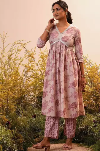 floral printed v-neck three-quarter sleeves empire mirror work  cotton kurta set