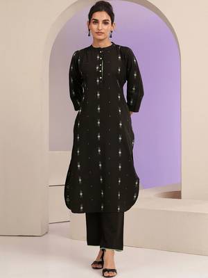 libas black woven design straight kurta set 1