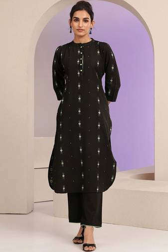 libas black woven design straight kurta set