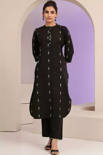 libas black woven design straight kurta set
