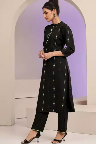 libas black woven design straight kurta set