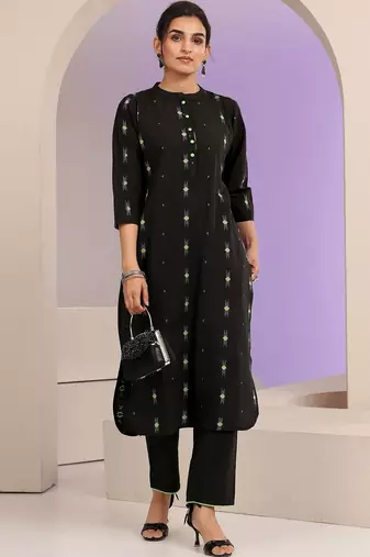 libas black woven design straight kurta set