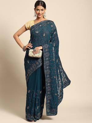 Teal teal blue ethnic motifs saree 1