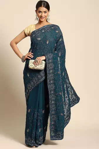Teal teal blue ethnic motifs saree