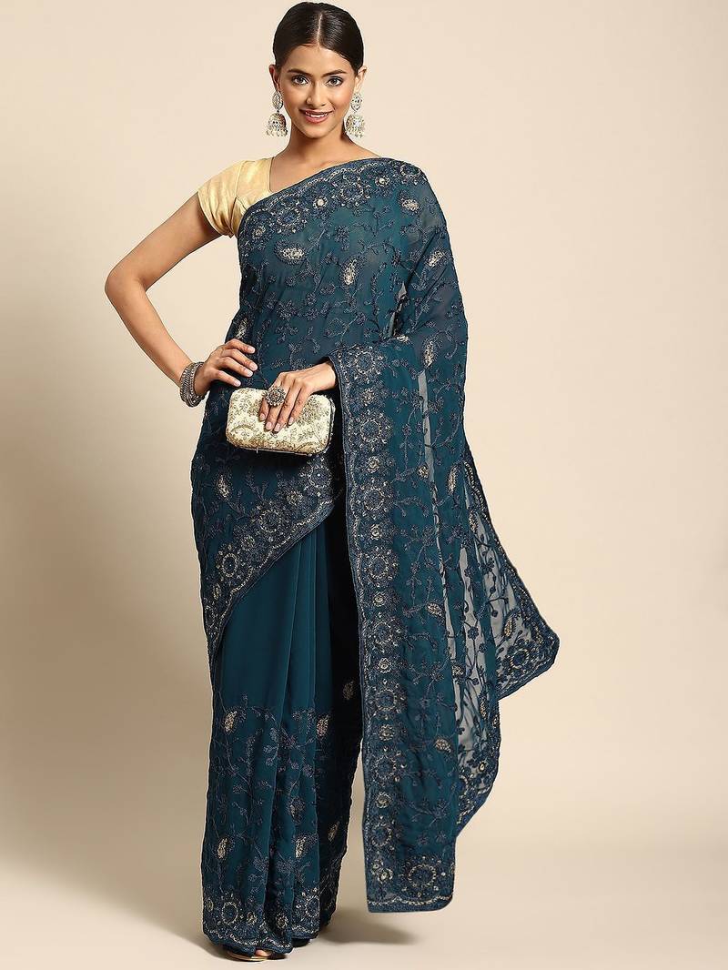 Teal teal blue ethnic motifs saree