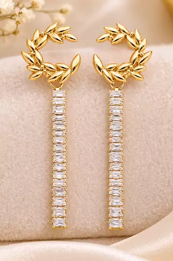 Anti-tarnish, long dangling bar, crystal baguette stones, stud back closure, party wear