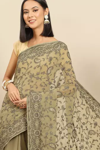 Olive olive green floral embroidered saree