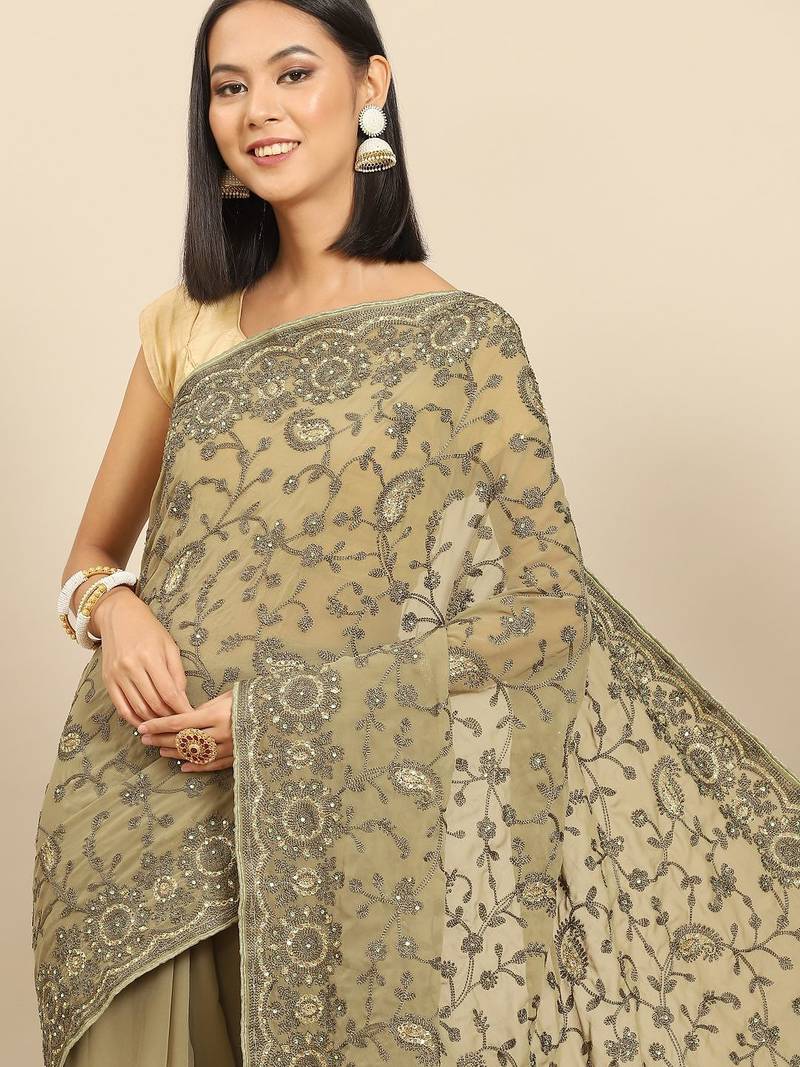 Olive olive green floral embroidered saree
