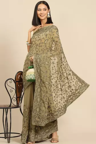 Olive olive green floral embroidered saree