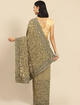 Olive olive green floral embroidered saree 3