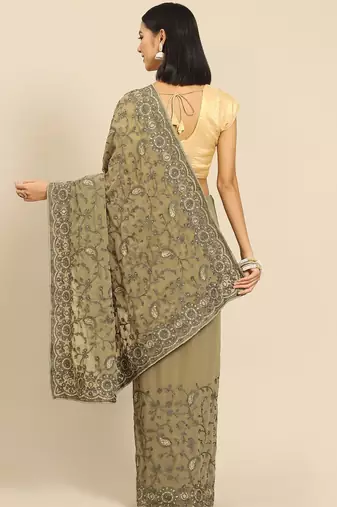 Olive olive green floral embroidered saree