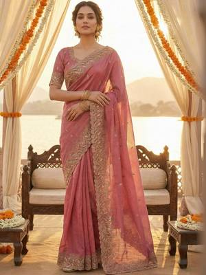 Pink ethnic motifs embroidered poly chiffon heavy work saree 1