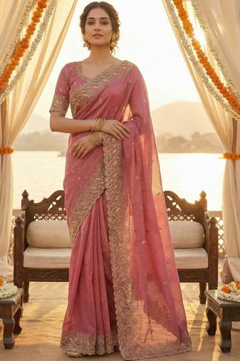 Pink ethnic motifs embroidered poly chiffon heavy work saree