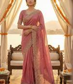 Pink ethnic motifs embroidered poly chiffon heavy work saree