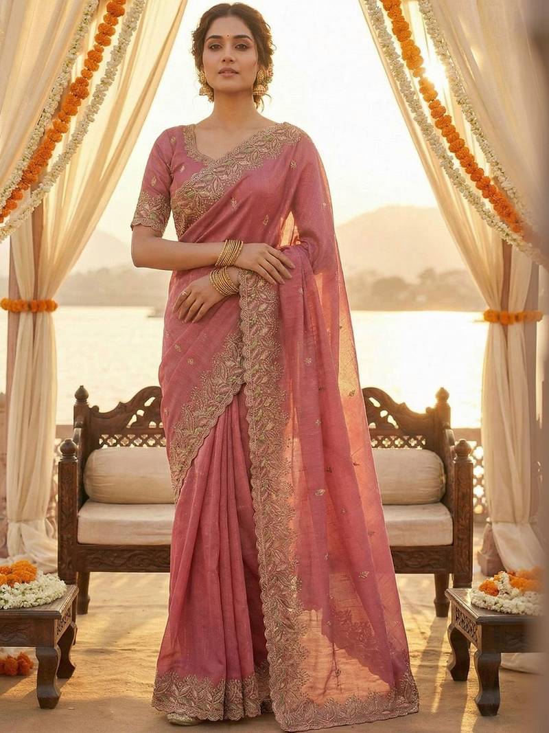 Pink ethnic motifs embroidered poly chiffon heavy work saree