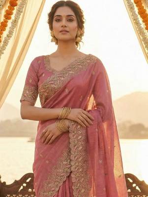 Pink ethnic motifs embroidered poly chiffon heavy work saree 2