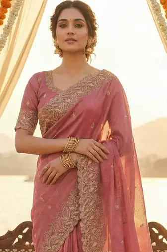 Pink ethnic motifs embroidered poly chiffon heavy work saree