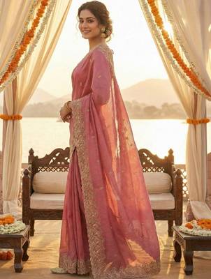 Pink ethnic motifs embroidered poly chiffon heavy work saree 3