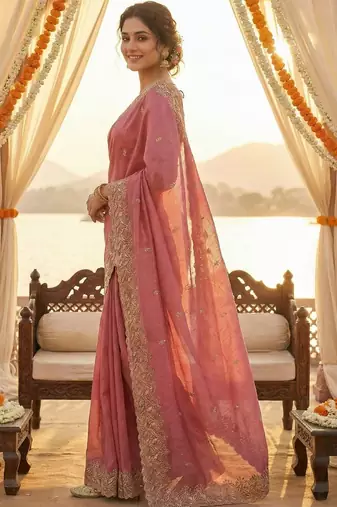 Pink ethnic motifs embroidered poly chiffon heavy work saree