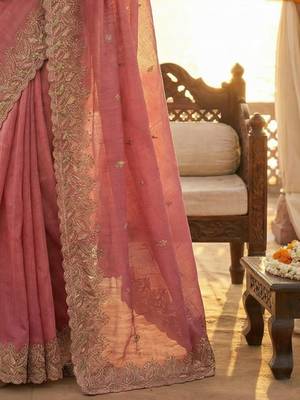 Pink ethnic motifs embroidered poly chiffon heavy work saree 4