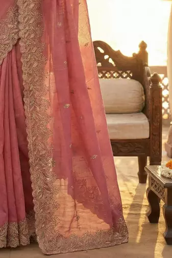 Pink ethnic motifs embroidered poly chiffon heavy work saree