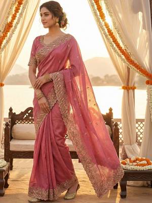 Pink ethnic motifs embroidered poly chiffon heavy work saree 5