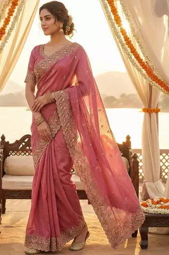 Pink ethnic motifs embroidered poly chiffon heavy work saree
