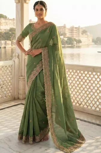 Green embellished embroidered poly chiffon heavy work saree
