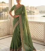 Green embellished embroidered poly chiffon heavy work saree