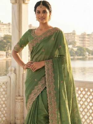 Green embellished embroidered poly chiffon heavy work saree 2