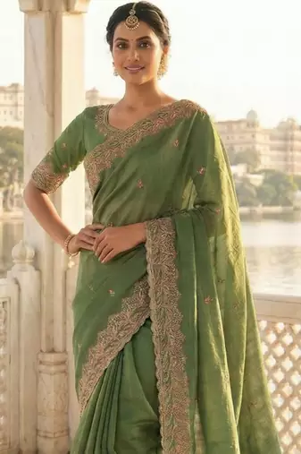 Green embellished embroidered poly chiffon heavy work saree