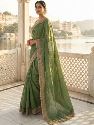 Green embellished embroidered poly chiffon heavy work saree 3