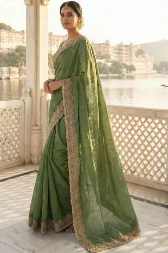Green embellished embroidered poly chiffon heavy work saree