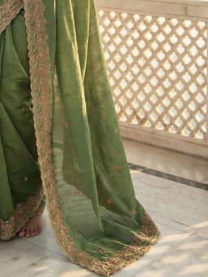 Green embellished embroidered poly chiffon heavy work saree 4