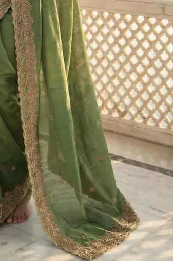 Green embellished embroidered poly chiffon heavy work saree