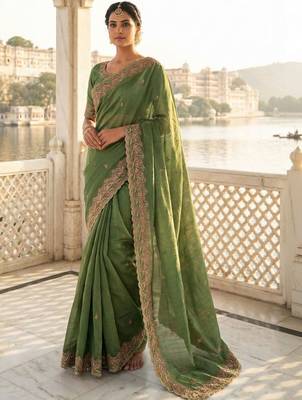 Green embellished embroidered poly chiffon heavy work saree 5