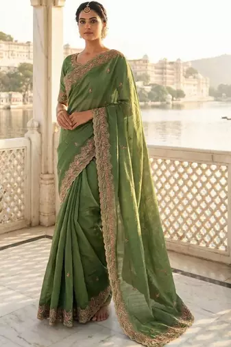 Green embellished embroidered poly chiffon heavy work saree