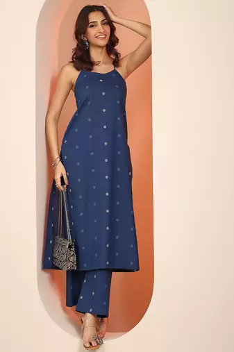geometric printed shoulder straps straight kurta with trouser