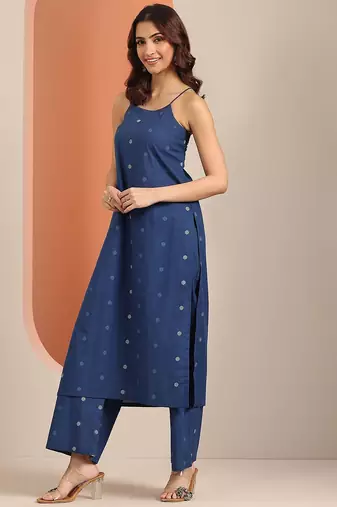 geometric printed shoulder straps straight kurta with trouser