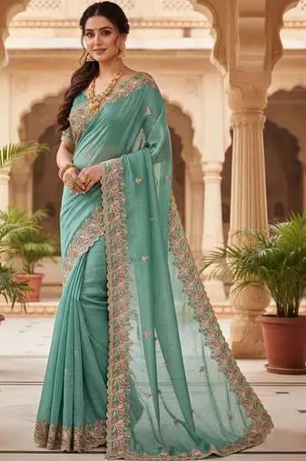 Sea green floral embroidered poly chiffon heavy work saree