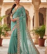 Sea green floral embroidered poly chiffon heavy work saree